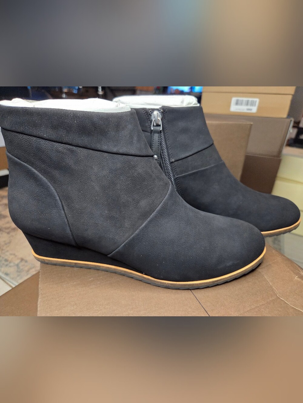 NIB Linea Paolo Yuri Black Wedge Bootie Ankle Boots Size 6.5 - Picture 2 of 6